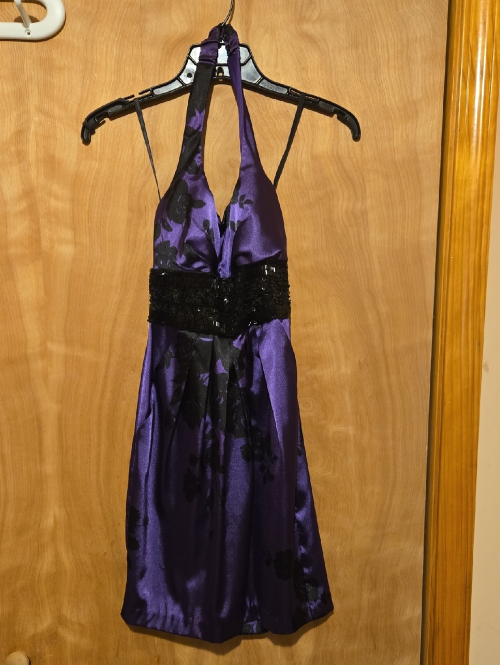 B. Smart Shiny Purple Satin Dress with Black Beaded Waist